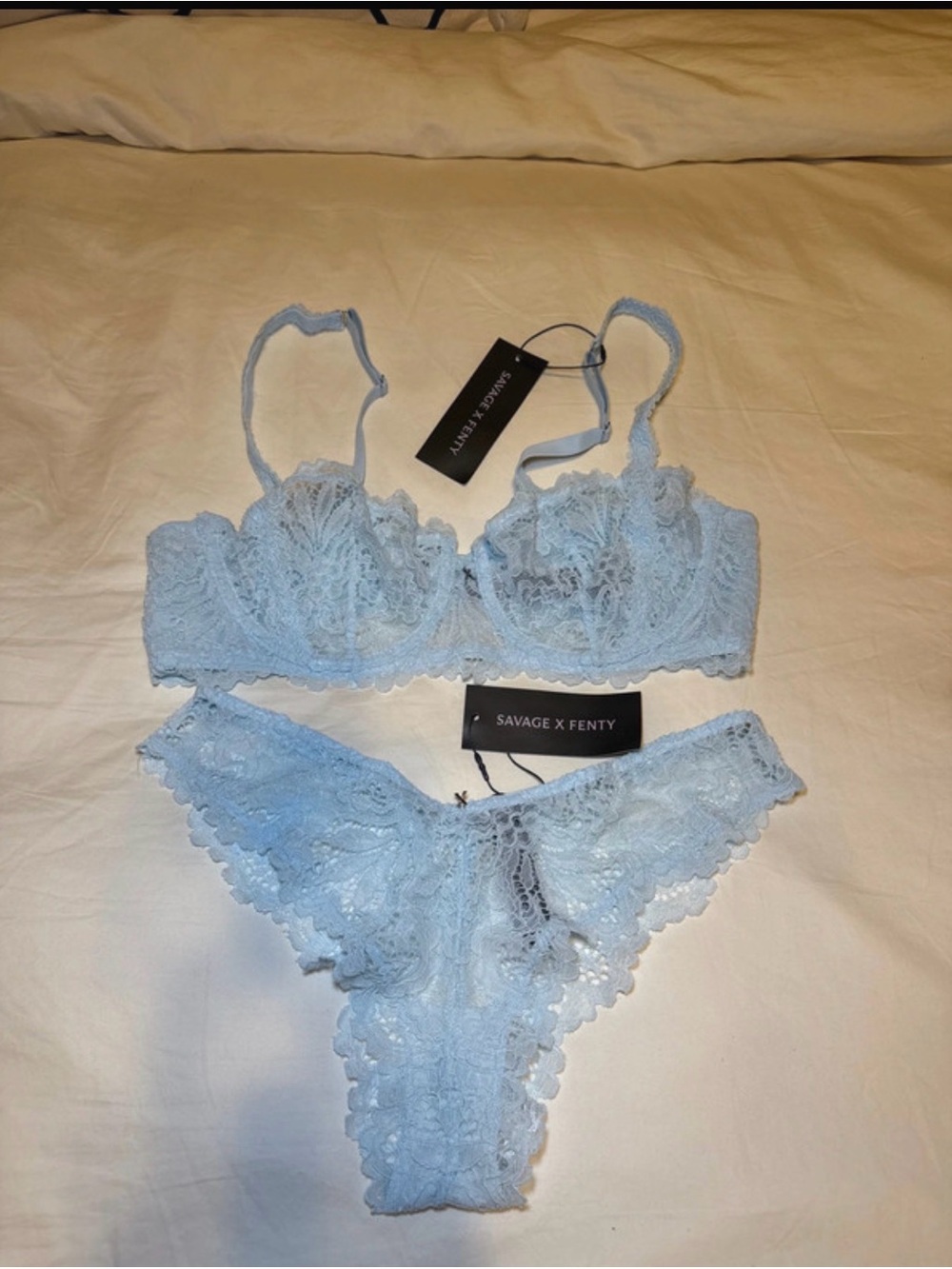 Savage X Fenty Light Blue Lace Bra & Thong Set